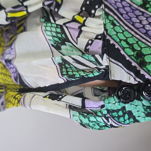 Just Cavalli Black Blouse with Green and Purple Tropical Print Front Tie Size 40 - Picture 4 of 10